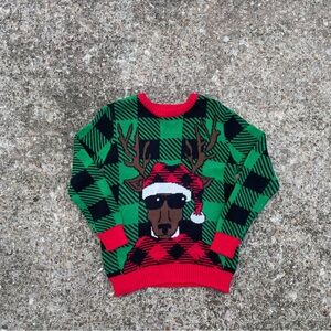 Well Worn Green and Red Plaid Reindeer Sweater